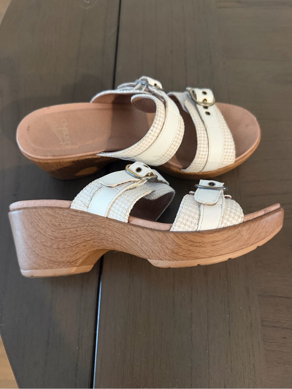 Dansko White Leather and Woven Strap Clog Sandals with Wood-Look Platform